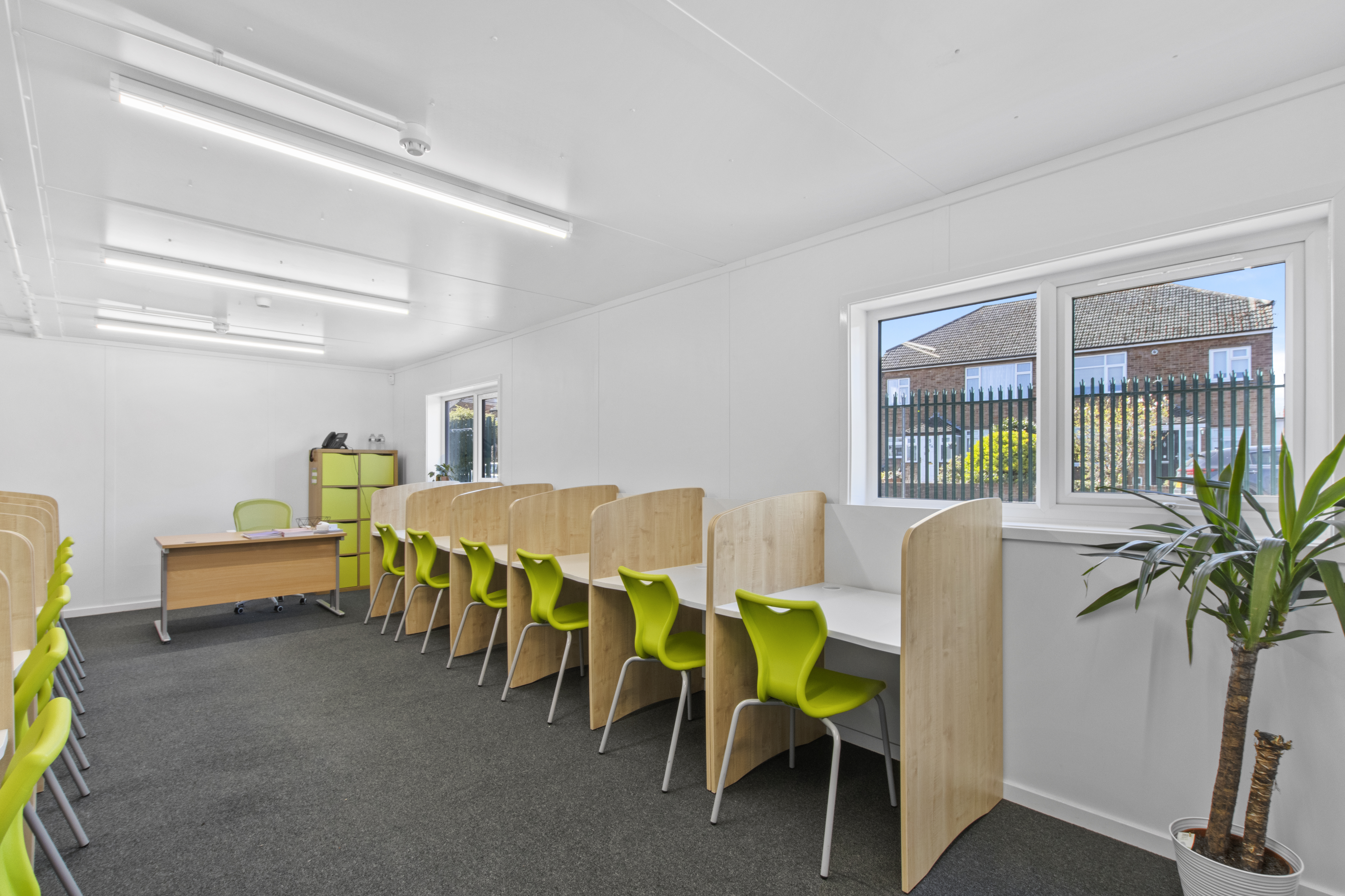 the inside of a modular classroom